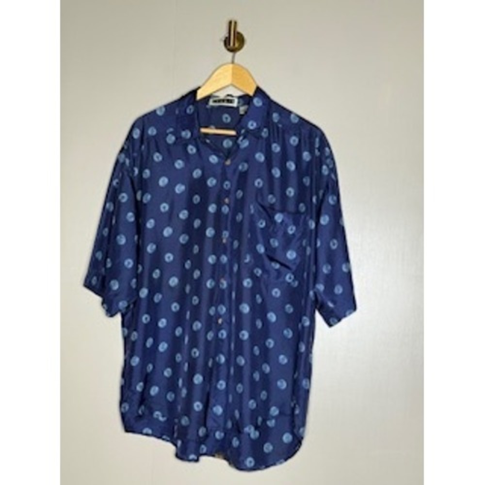 Studio 100% Silk Polka Dot Button Up Shirt Blue Short Sleeve Mens M